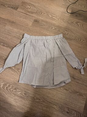 Topshop Blue and White Pinstripe Off-Shoulder Tie Sleeve Top